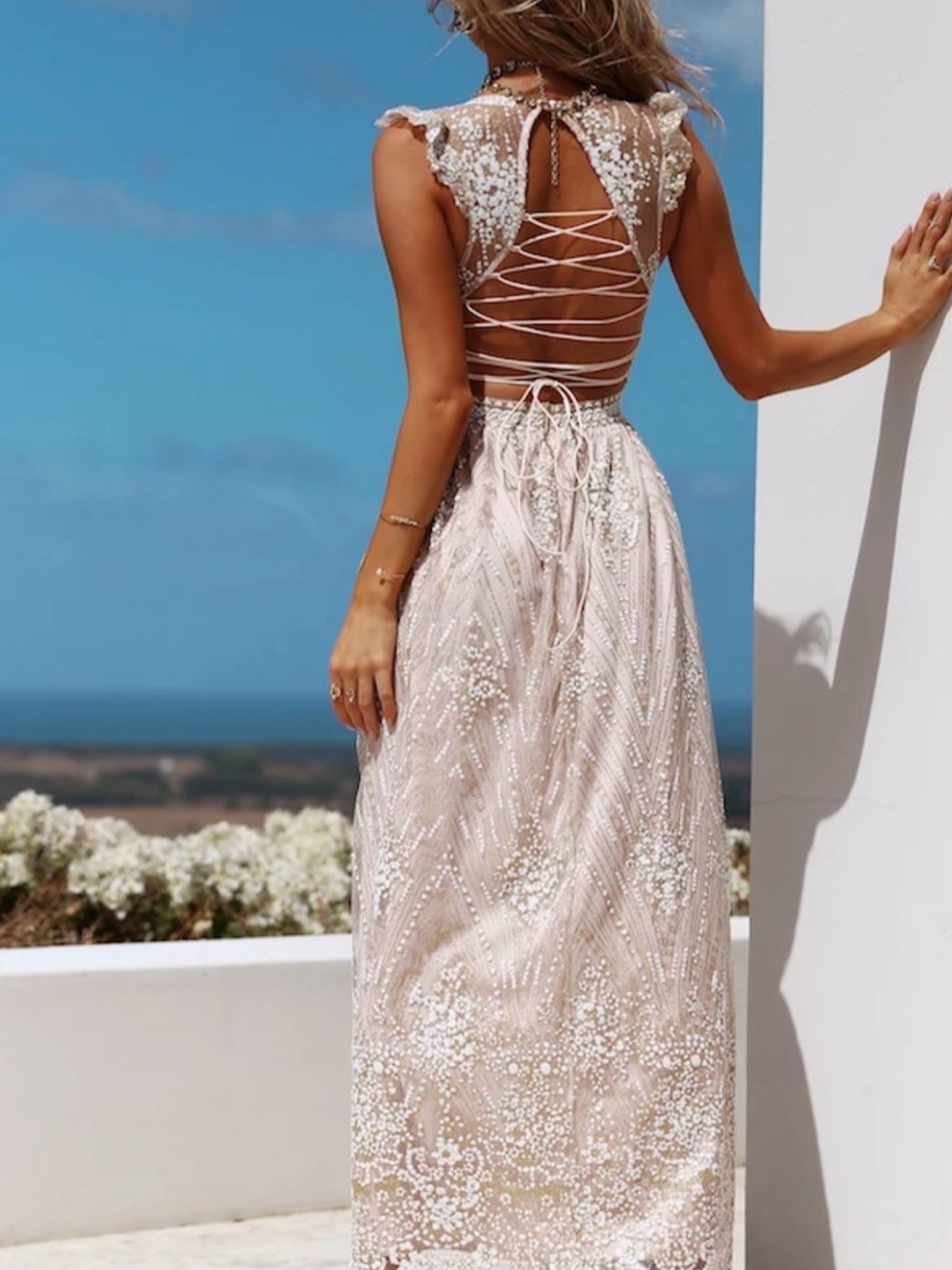 Hello Molly Blush Champagne Lace Up Maxi Gown - Picture 6 of 14